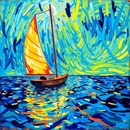 A vibrant scene featuring a sailboat gracefully floating on a shimmering body of water, depicted in the expressive and dynamic style of Vincent van Gogh