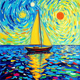 A vibrant scene featuring a sailboat gracefully floating on a shimmering body of water, depicted in the expressive and dynamic style of Vincent van Gogh
