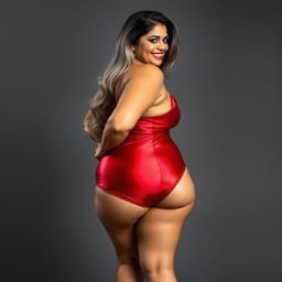 A full-body portrait of a 55-year-old Indian plus-size woman, radiating confidence as a beautiful cougar