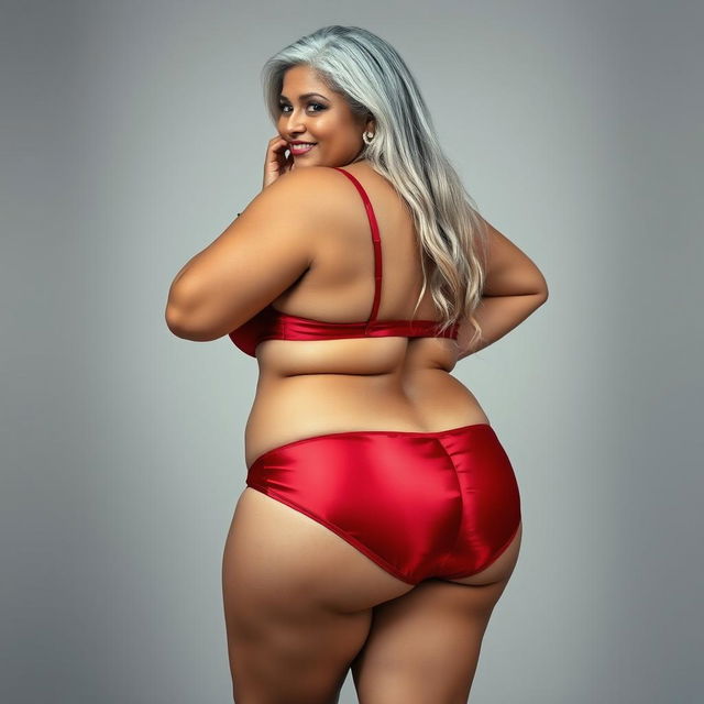 A full-body portrait of a 55-year-old Indian plus-size woman, radiating confidence as a beautiful cougar