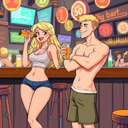 A lively scene showcasing a beautiful, sexy, curvy blonde girl with an innocent demeanor, dressed in tight shorts and a fitted tank top