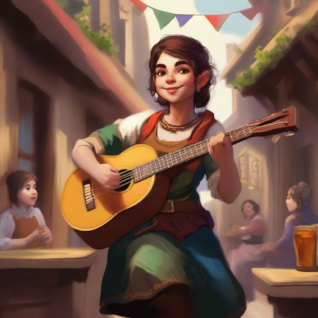 An image of a halfling female bard, captured in the style of a high-quality digital art