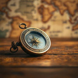 A close-up shot of a beautifully crafted antique brass compass on an ancient wooden table, with intricate engravings that reflect the light softly