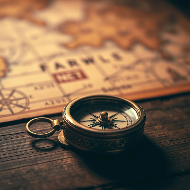 A close-up shot of a beautifully crafted antique brass compass on an ancient wooden table, with intricate engravings that reflect the light softly