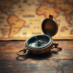 A close-up shot of a beautifully crafted antique brass compass on an ancient wooden table, with intricate engravings that reflect the light softly