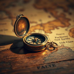 A close-up shot of a beautifully crafted antique brass compass on an ancient wooden table, with intricate engravings that reflect the light softly