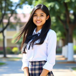 A beautiful Indonesian woman dressed in a high school uniform, featuring a classic white blouse and a plaid skirt, standing confidently in a school environment