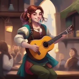 An image of a halfling female bard, captured in the style of a high-quality digital art