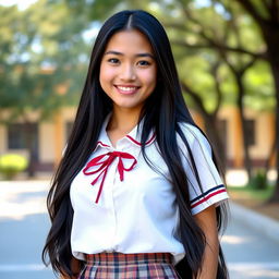 A beautiful Indonesian woman dressed in a high school uniform, featuring a classic white blouse and a plaid skirt, standing confidently in a school environment