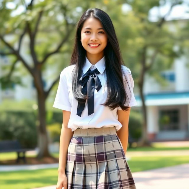 A beautiful Indonesian woman dressed in a high school uniform, featuring a classic white blouse and a plaid skirt, standing confidently in a school environment