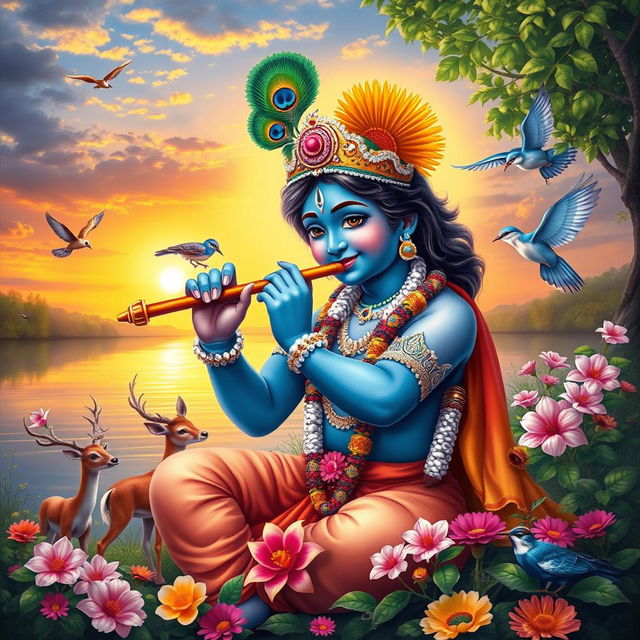 A vivid and colorful depiction of Lord Krishna, showcasing his divine form with blue skin, adorned with a peacock feather crown