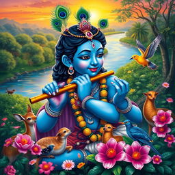 A vivid and colorful depiction of Lord Krishna, showcasing his divine form with blue skin, adorned with a peacock feather crown