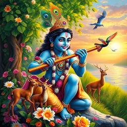 A vivid and colorful depiction of Lord Krishna, showcasing his divine form with blue skin, adorned with a peacock feather crown