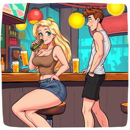 An engaging scene showcasing a beautiful, sexy, curvy blonde girl with an innocent look, dressed in tight shorts and a fitted tank top