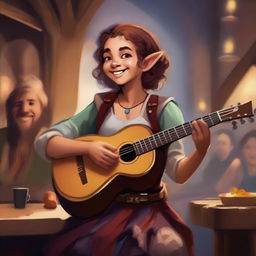 An image of a halfling female bard, captured in the style of a high-quality digital art