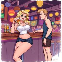 An engaging scene showcasing a beautiful, sexy, curvy blonde girl with an innocent look, dressed in tight shorts and a fitted tank top