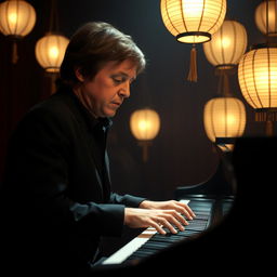 A captivating scene of a 29-year-old Paul McCartney intensely playing a sleek black piano, his fingers gracefully dancing over the keys