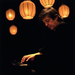 A captivating scene of a 29-year-old Paul McCartney intensely playing a sleek black piano, his fingers gracefully dancing over the keys