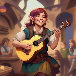 An image of a halfling female bard, captured in the style of a high-quality digital art