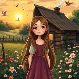 In a picturesque small village, a young girl named Mira, with long flowing hair and bright eyes, stands outside her cozy wooden house surrounded by lush green fields and blooming flowers