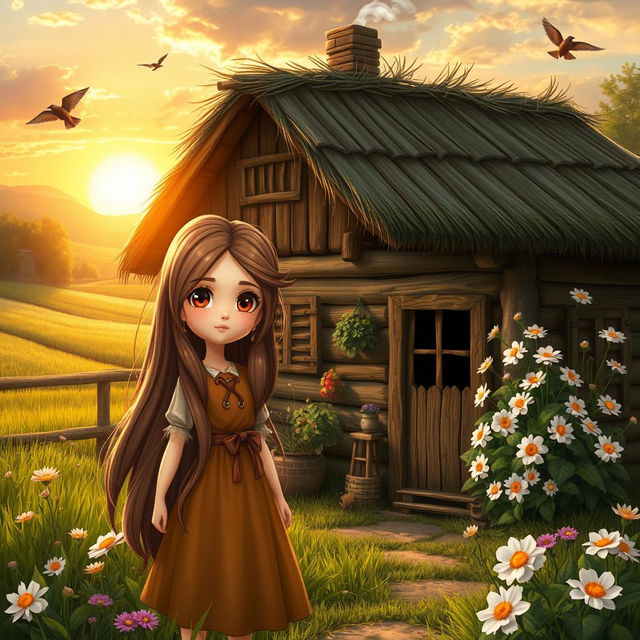 In a picturesque small village, a young girl named Mira, with long flowing hair and bright eyes, stands outside her cozy wooden house surrounded by lush green fields and blooming flowers