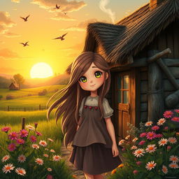 In a picturesque small village, a young girl named Mira, with long flowing hair and bright eyes, stands outside her cozy wooden house surrounded by lush green fields and blooming flowers