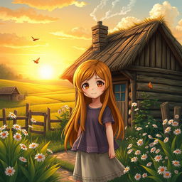 In a picturesque small village, a young girl named Mira, with long flowing hair and bright eyes, stands outside her cozy wooden house surrounded by lush green fields and blooming flowers