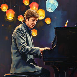 A striking acrylic painting of Paul McCartney playing a sleek black piano, deeply immersed in his music