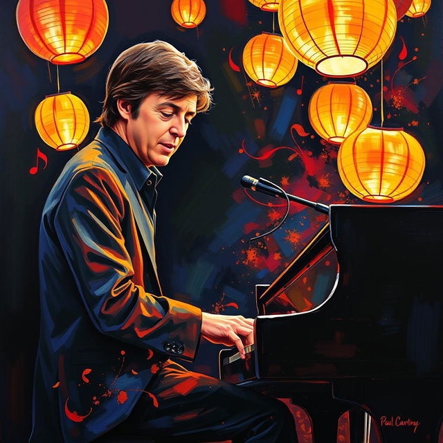 A striking acrylic painting of Paul McCartney playing a sleek black piano, deeply immersed in his music