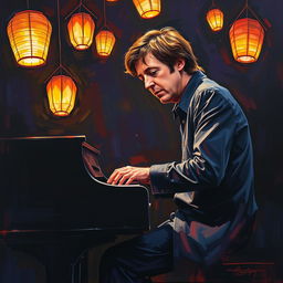 A striking acrylic painting of Paul McCartney playing a sleek black piano, deeply immersed in his music