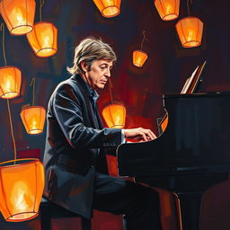 A striking acrylic painting of Paul McCartney playing a sleek black piano, deeply immersed in his music