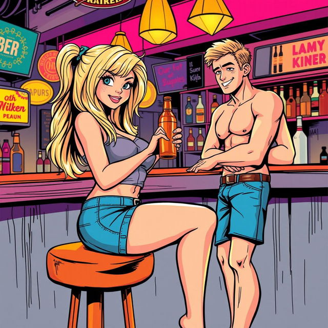 A comic book style illustration featuring a beautiful, sexy, curvy blonde girl with an innocent expression, dressed in tight shorts and a fitted tank top