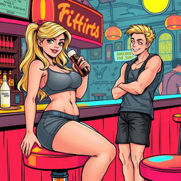 A comic book style illustration featuring a beautiful, sexy, curvy blonde girl with an innocent expression, dressed in tight shorts and a fitted tank top
