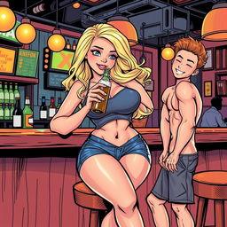 A comic book style illustration featuring a beautiful, sexy, curvy blonde girl with an innocent expression, dressed in tight shorts and a fitted tank top