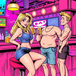 A comic book style illustration featuring a beautiful, sexy, curvy blonde girl with an innocent expression, dressed in tight shorts and a fitted tank top