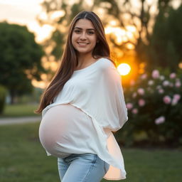 A young woman with a visibly bloated belly, standing in a serene park setting during golden hour