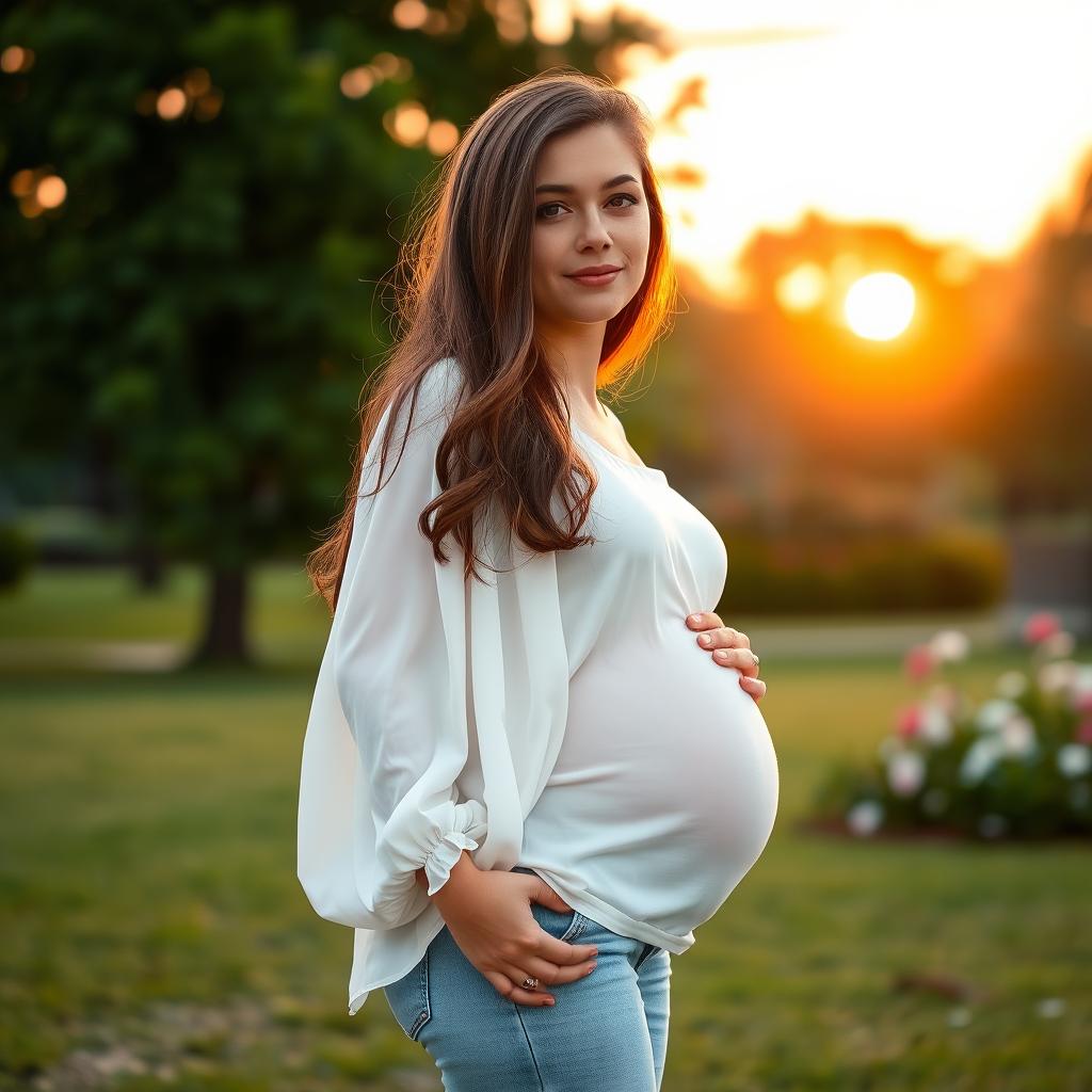 A young woman with a visibly bloated belly, standing in a serene park setting during golden hour