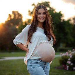A young woman with a visibly bloated belly, standing in a serene park setting during golden hour