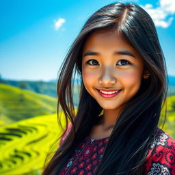 A portrait of an Indonesian beauty girl with long, flowing black hair, warm brown skin, and sparkling brown eyes