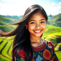 A portrait of an Indonesian beauty girl with long, flowing black hair, warm brown skin, and sparkling brown eyes