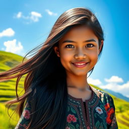 A portrait of an Indonesian beauty girl with long, flowing black hair, warm brown skin, and sparkling brown eyes