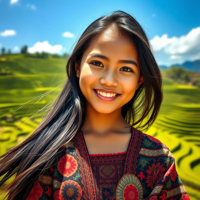 A portrait of an Indonesian beauty girl with long, flowing black hair, warm brown skin, and sparkling brown eyes