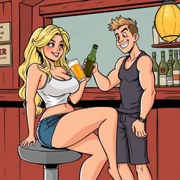 A comic book style illustration featuring a beautiful, sexy, curvy blonde girl with an innocent expression, dressed in tight shorts and a fitted tank top