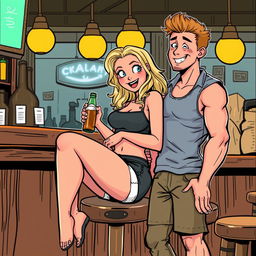 A comic book style illustration featuring a beautiful, sexy, curvy blonde girl with an innocent expression, dressed in tight shorts and a fitted tank top