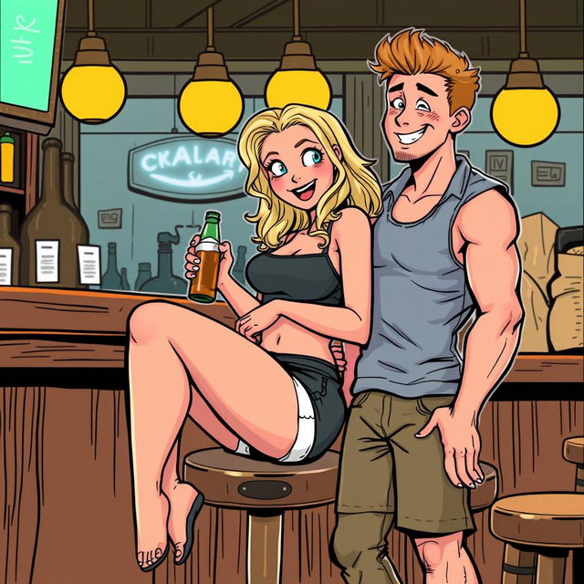 A comic book style illustration featuring a beautiful, sexy, curvy blonde girl with an innocent expression, dressed in tight shorts and a fitted tank top