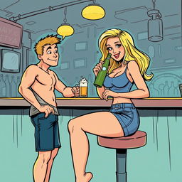 A comic book style illustration featuring a beautiful, sexy, curvy blonde girl with an innocent expression, dressed in tight shorts and a fitted tank top