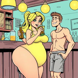 A comic book style illustration featuring a beautiful, sexy, curvy blonde girl with an innocent expression, dressed in tight shorts and a fitted tank top