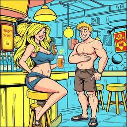 A comic book style illustration featuring a beautiful, sexy, curvy blonde girl with an innocent demeanor, clad in tight shorts and a snug tank top