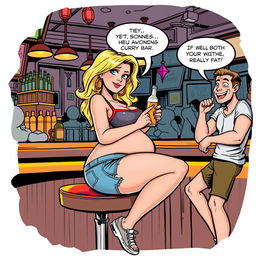 A comic book style illustration featuring a beautiful, sexy, curvy blonde girl with an innocent demeanor, clad in tight shorts and a snug tank top