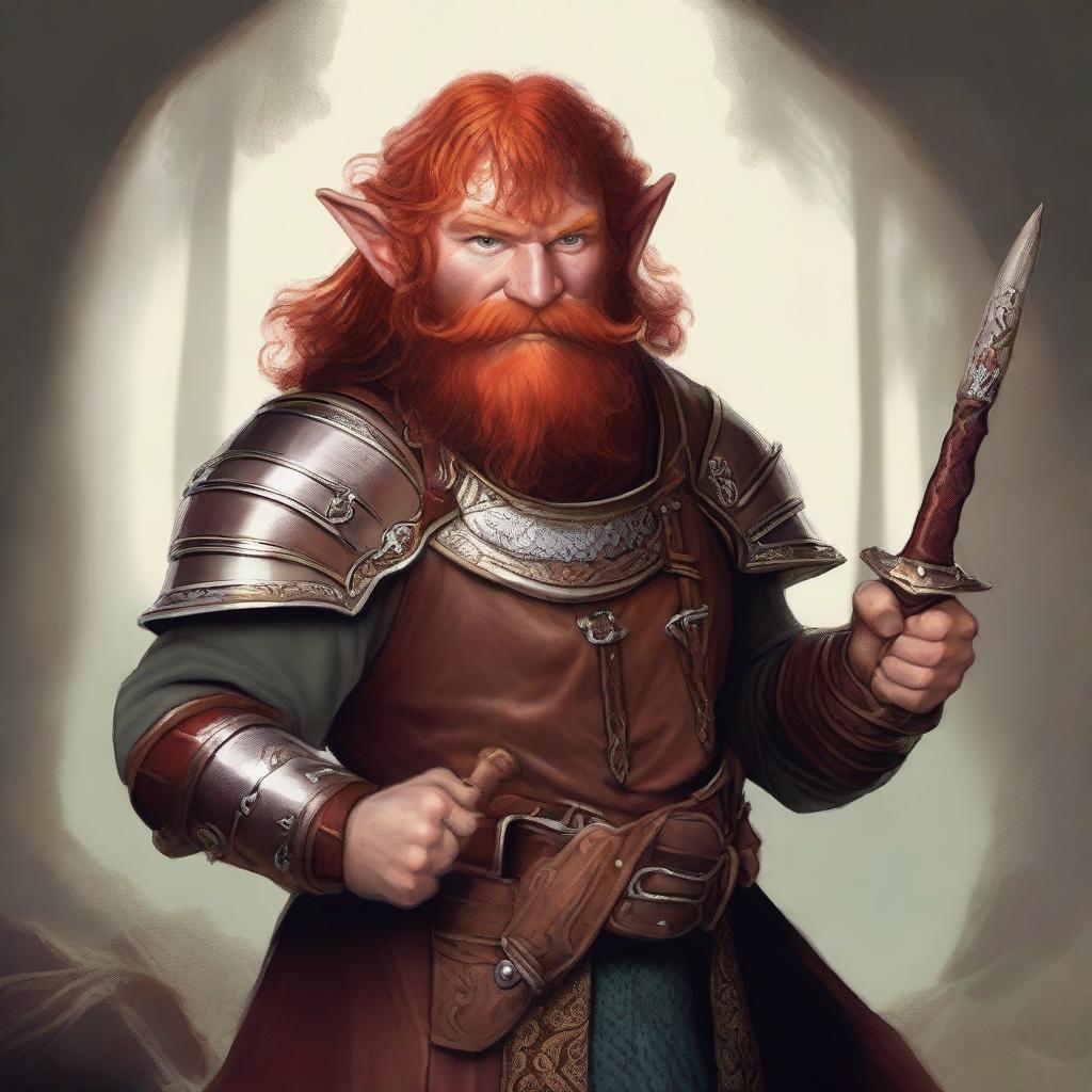 Depict a digital art image of a red-headed hobbit bard